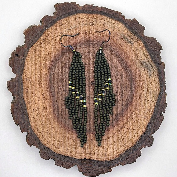 Seed Bead Fringe Dangle Earrings Dark Olive Matte Rainbow Jonquil Black Glass - Picture 1 of 4